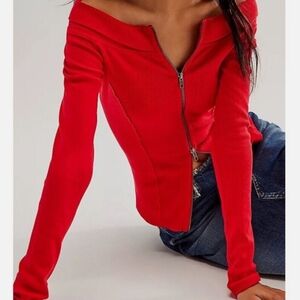We The Free Red Off Shoulder Waffle Double Zip Long Sleeve Tee NWT